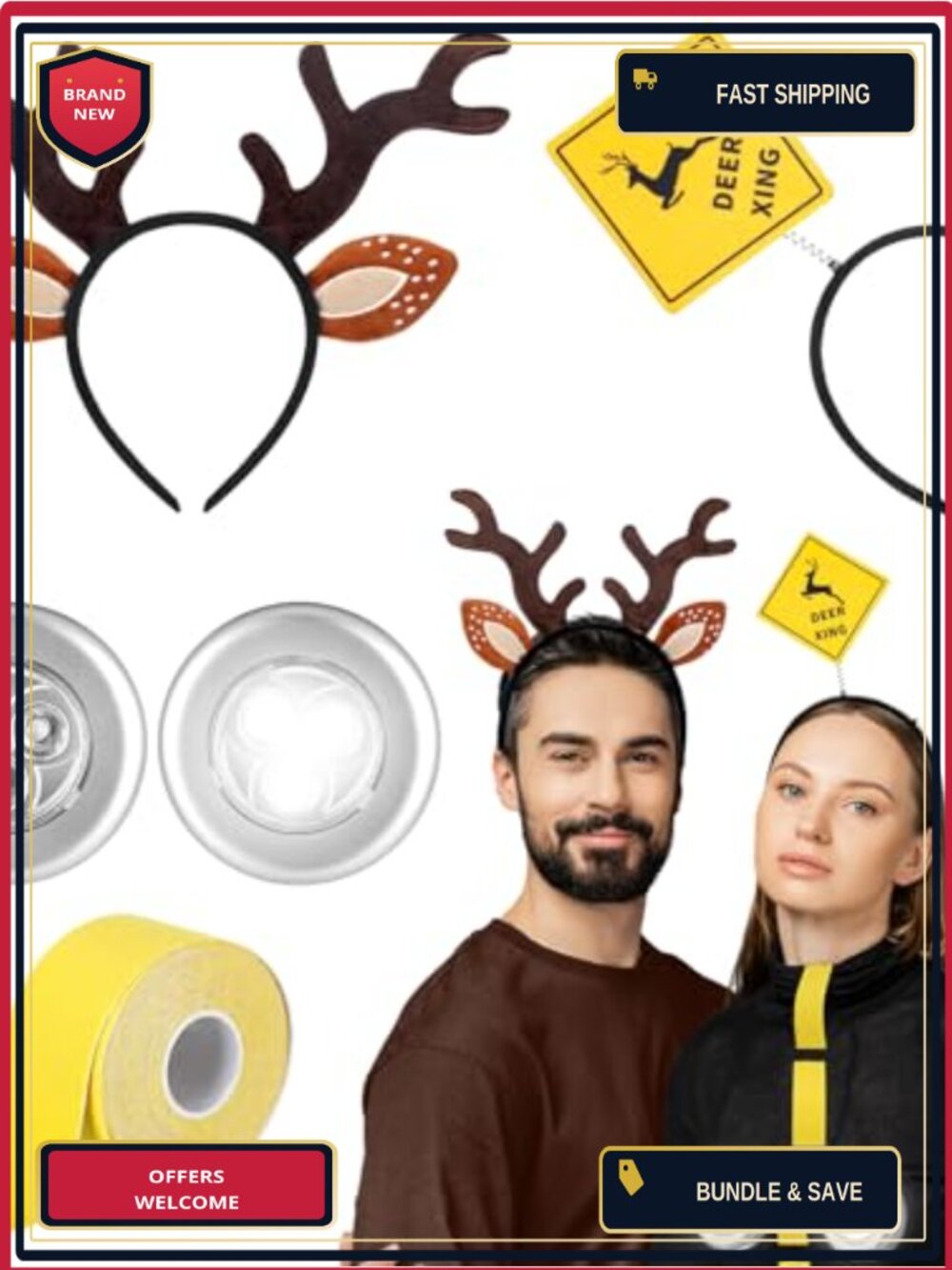 Deer in Headlights Couples Costume Set LED Lights Headbands Tape